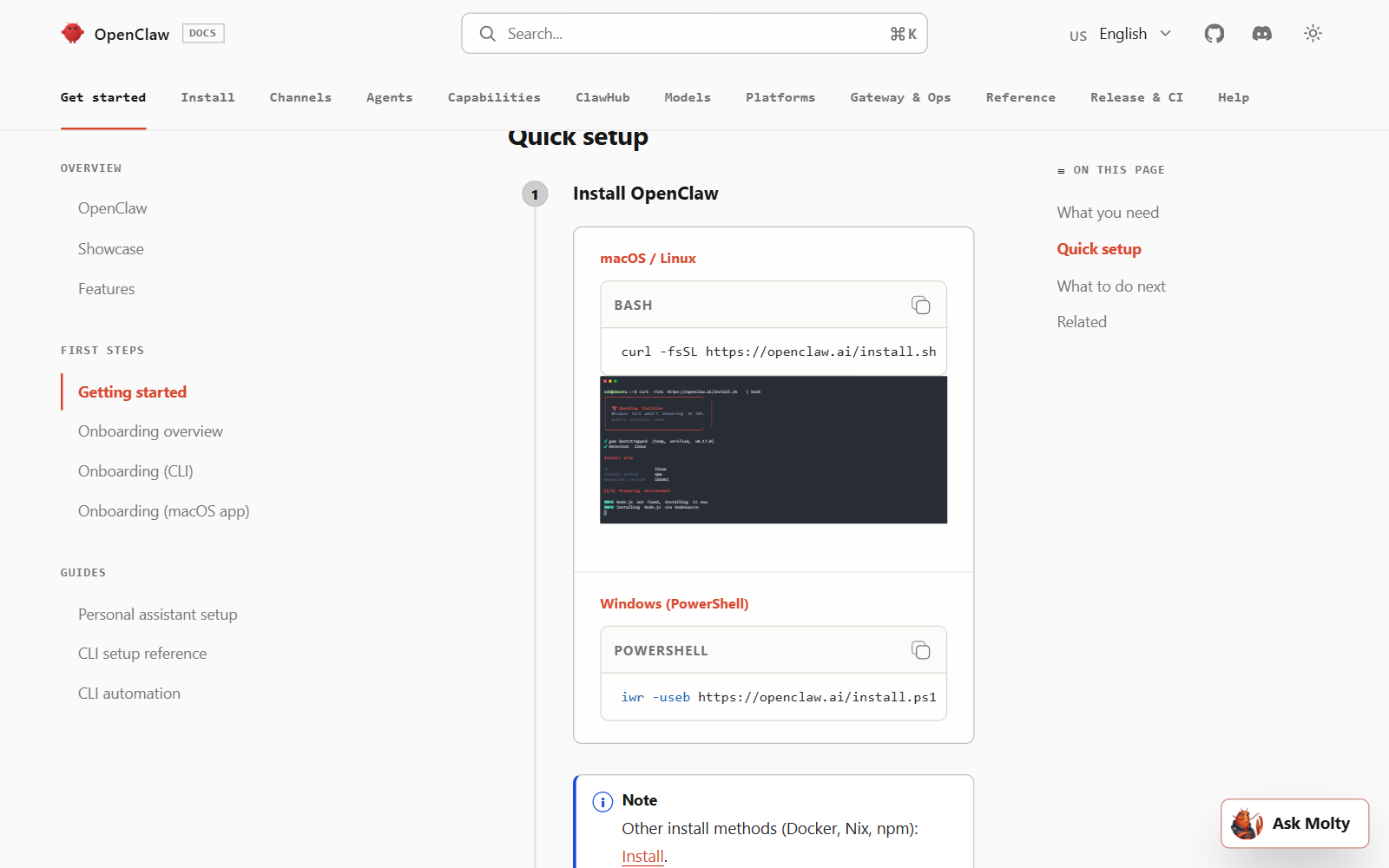 OpenClaw's official install instructions page
