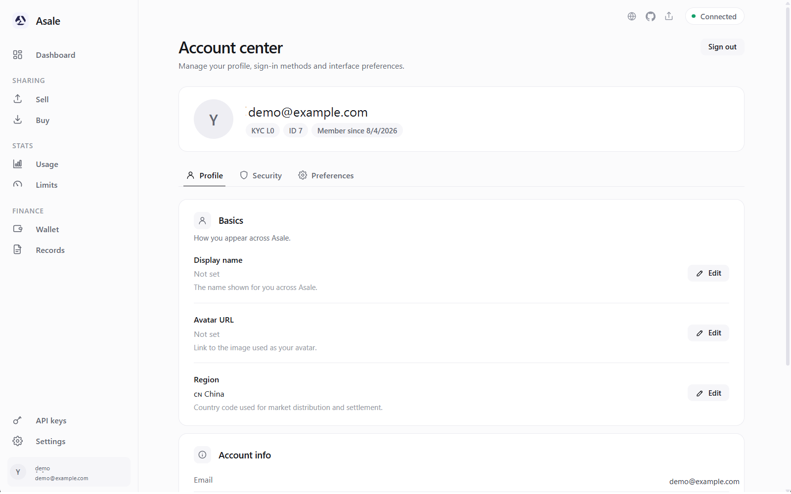 The Account page after a successful sign-in