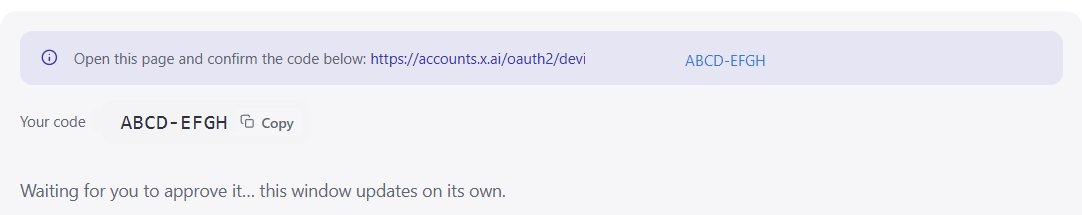 The device-code screen: URL plus code