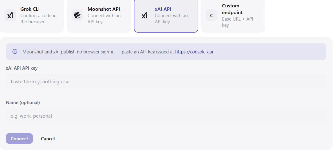 The API key connection dialog