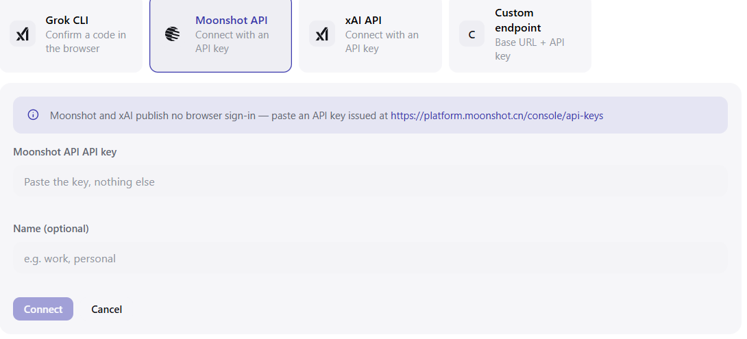 The API key connection dialog